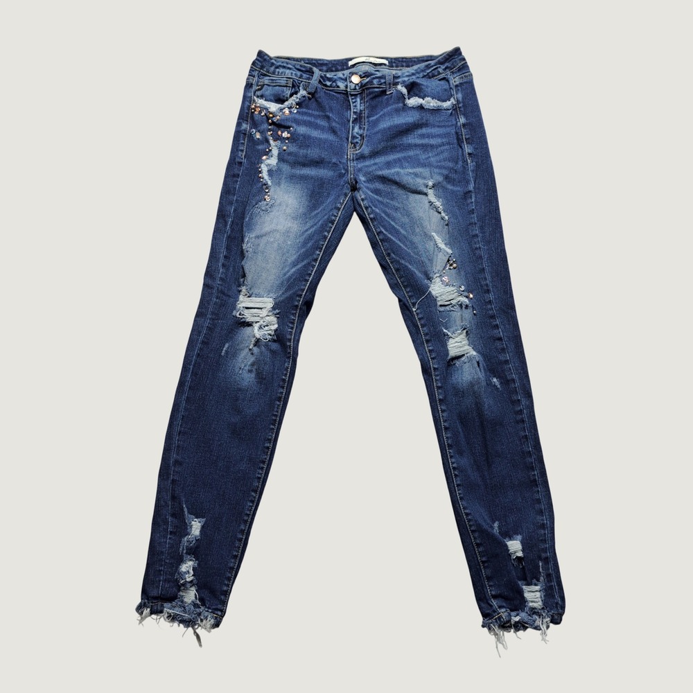 KanCan Womens Distressed Skinny Jeans 30 Blue Rhinestone Pearl VBK1297R EUC